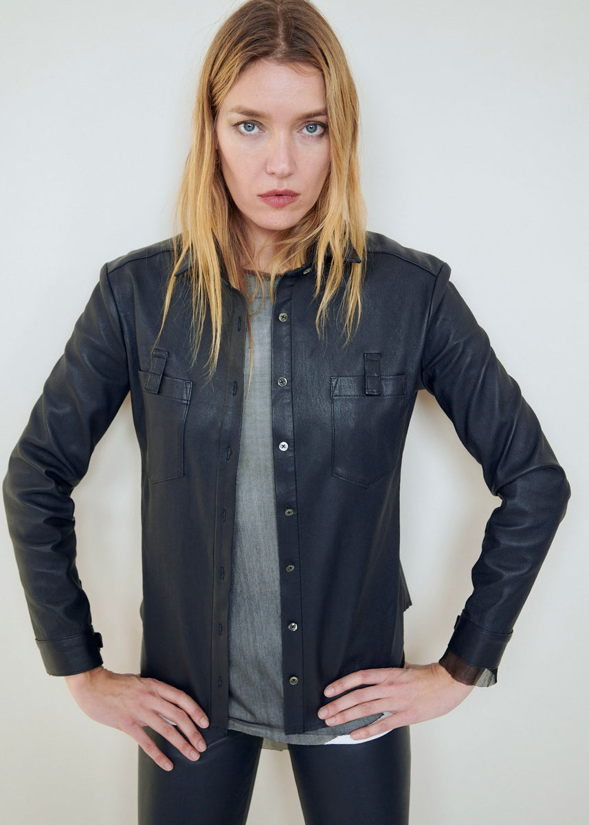 Stretch Lamb Leather Shirt Jacket