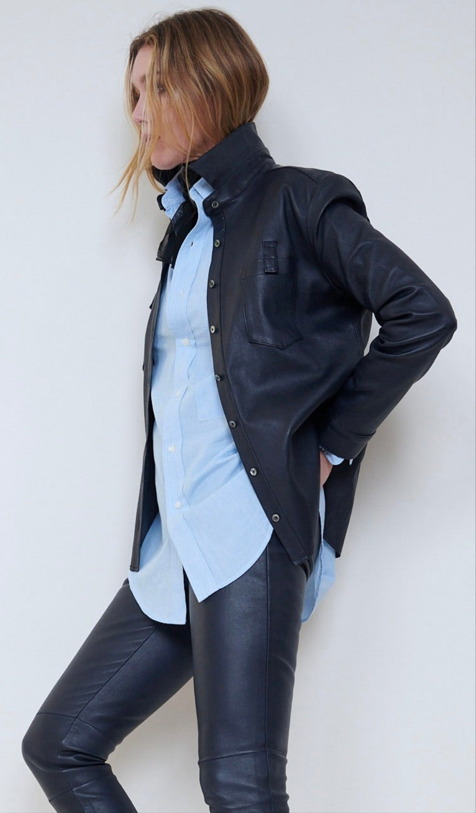 Stretch Lamb Leather Shirt Jacket.