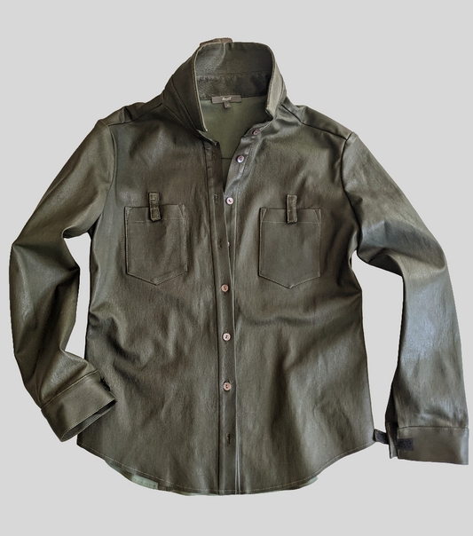 Stretch Lamb Leather Shirt Jacket Olive Green