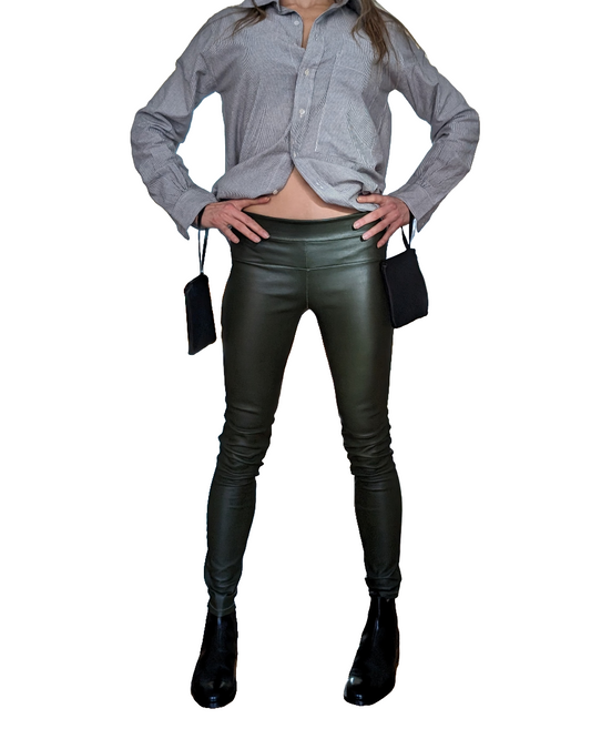 Stretch Lamb Leather Classic Leggings,Olive Green