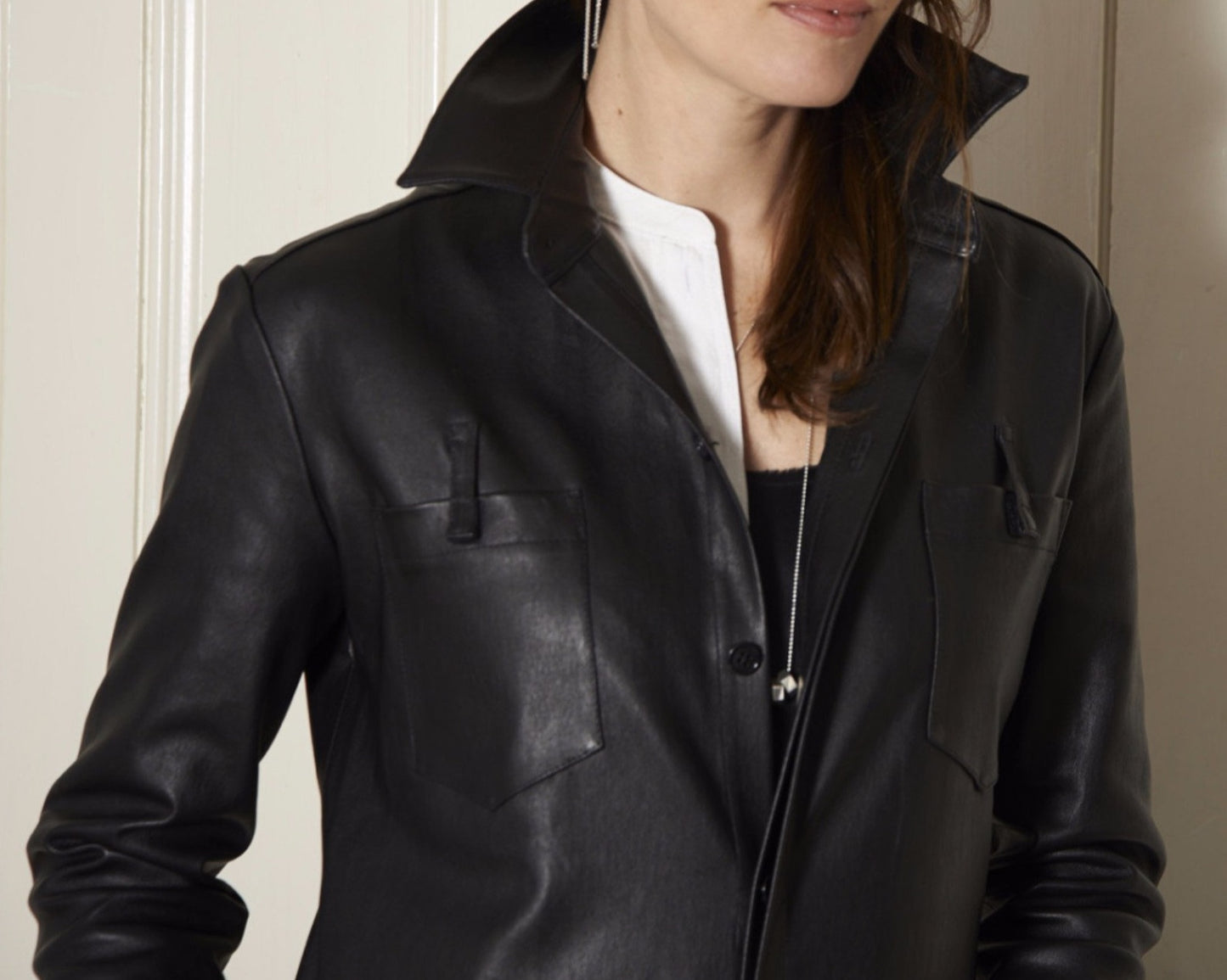 Stretch Lamb Leather Shirt Jacket.