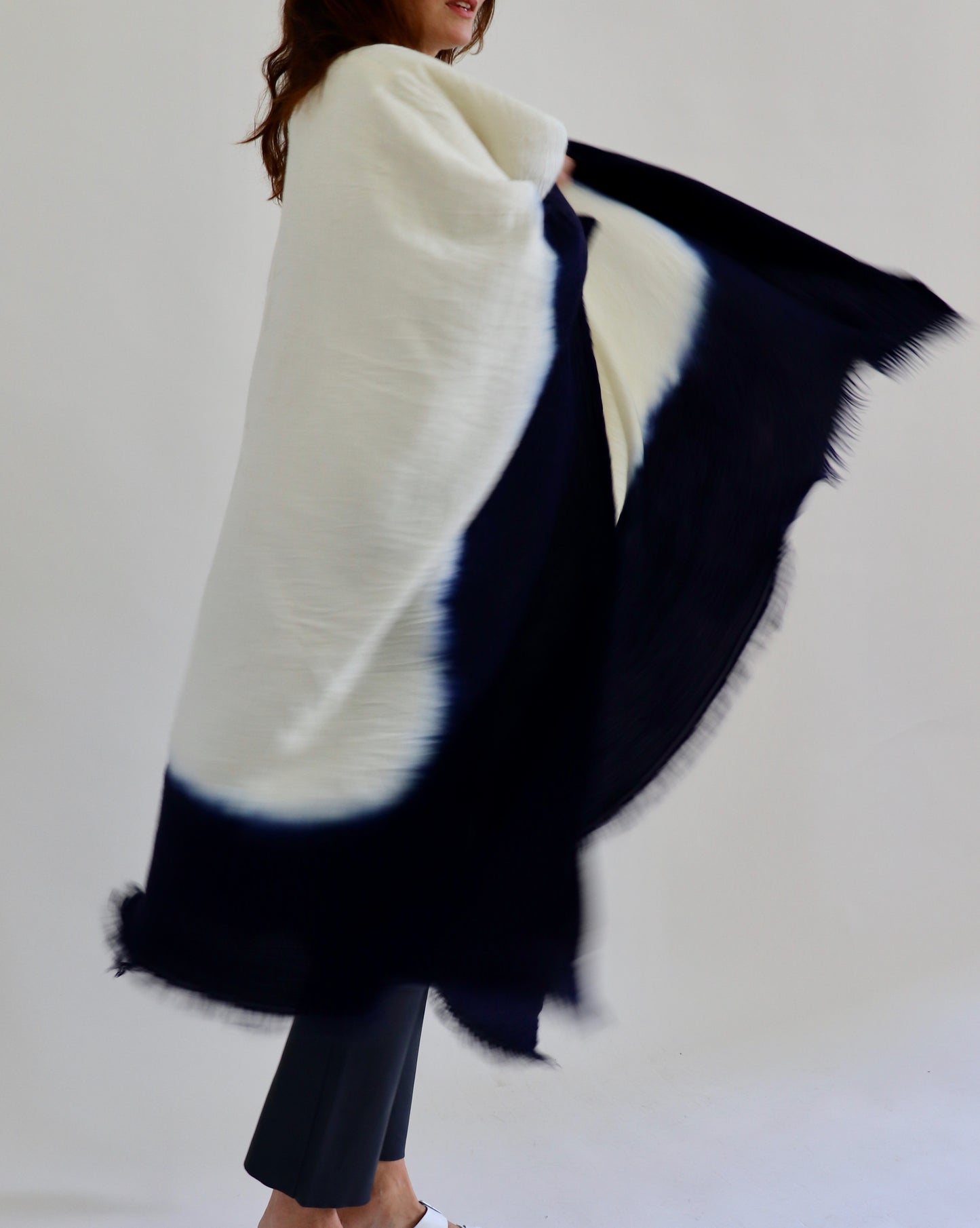 Wool Wrapper, Throw. ombre white indigo